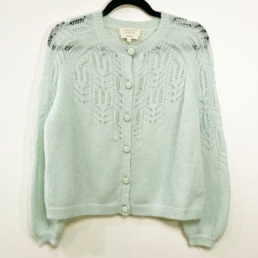 EUC Sezane Tonio Mohair Wool Fancy Knit Cardigan Seafoam Small